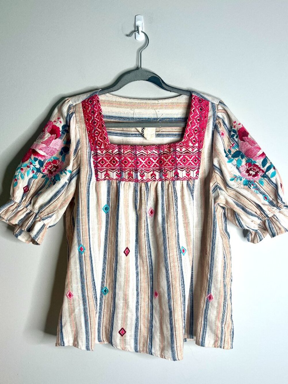 Savanna Jane Woven Embroidered Floral Boho Puff Sleeve Top Square Neck Sz M